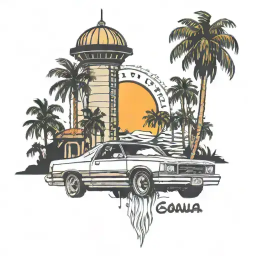 1981 Chevy el Camino with water tower in background with palm trees and a 714 inside of a California state outline  tattoo design idea