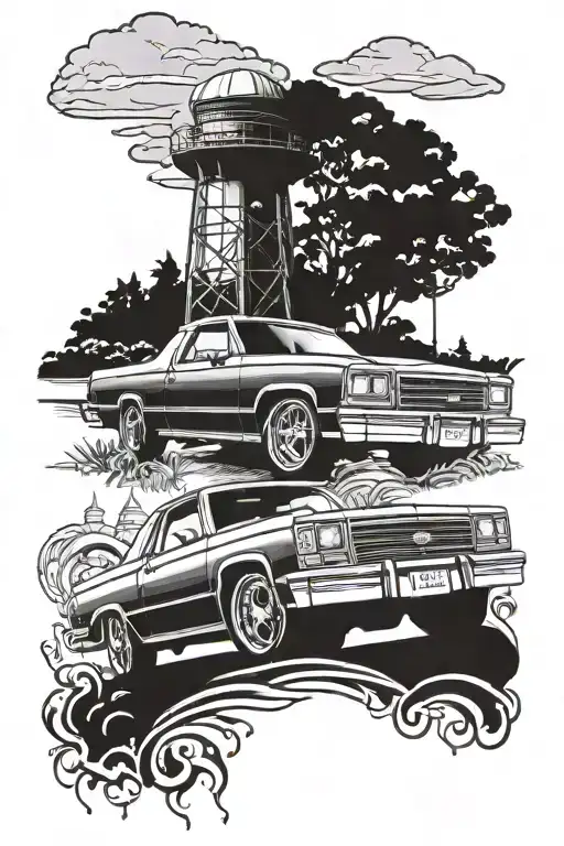 1981 Chevy el Camino low rider inside that state of California with a Santa Ana water tower in the back tattoo design idea