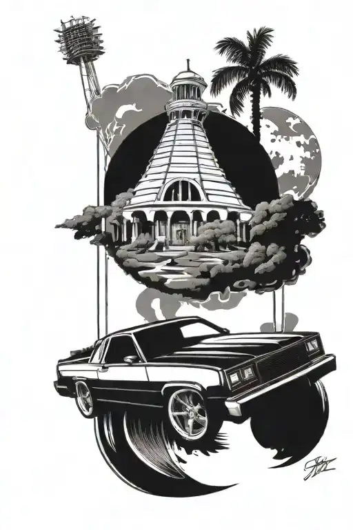 1981 Chevy el Camino low rider inside the state of California with a Santa Ana water tower in the back tattoo design idea