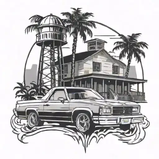 1981 Chevy el Camino with water tower in background with palm trees and a 714 inside of a California state outline  tattoo design idea
