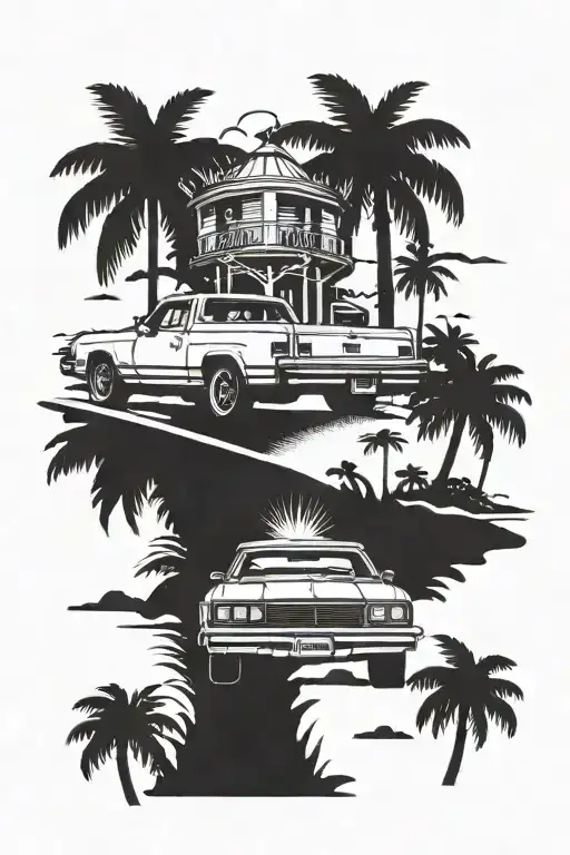 1981 Chevy el Camino with water tower in background with palm trees and a 714 inside of a California state outline  tattoo design idea
