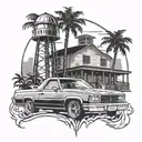 1981 Chevy el Camino with water tower in background with palm trees and a 714 inside of a California state outline  tattoo design idea