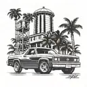 1981 Chevy el Camino with water tower in background with palm trees and a 714 inside of a California state outline  tattoo design idea