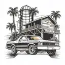 1981 Chevy el Camino with water tower in background with palm trees and a 714 inside of a California state outline  tattoo design idea