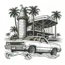 1981 Chevy el Camino with water tower in background with palm trees and a 714 inside of a California state outline  tattoo design idea