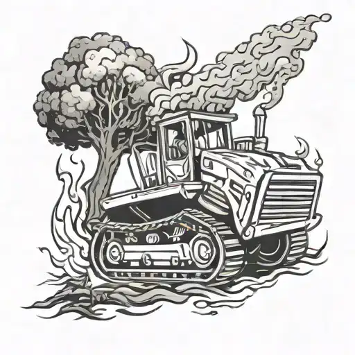 bulldozer pushing over tree on fire flames tattoo design idea
