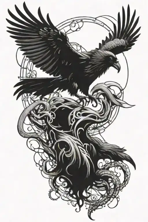 In the foreground is a raven with its wings wide open. Crow is wrapped in kraken tentacles tattoo design idea