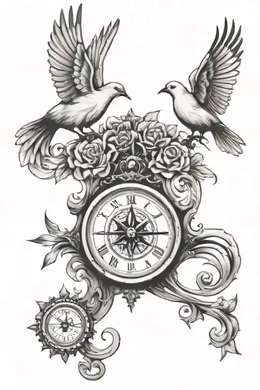 clock compass dove perched tattoo design idea
