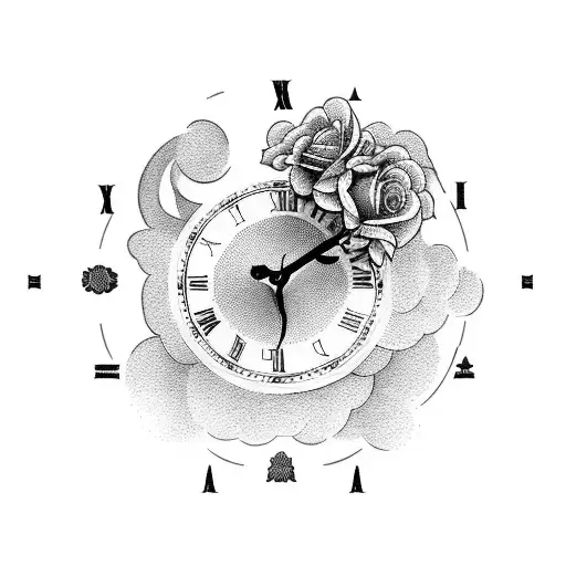 Greek gods, clock, Roman times, roses tattoo design idea