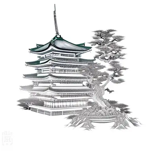 Japanese samurai with temple and dragon intertwined with a bonsai tree around 12cm tattoo design idea