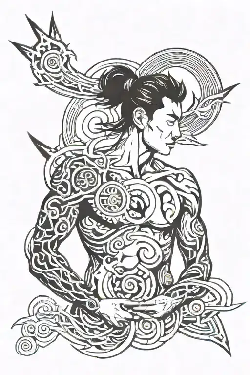 Men's tattoo, brutal, medium size, calm, zen, success, space, confidence, Japanese style tattoo design idea