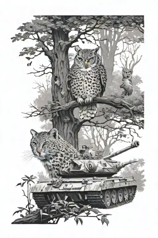 A dreamy and ethereal scene of a mystical forest with owls perched on branches, intricate foliage covering the ground, and a Leopard 2a4m Canadian military tank peeking through the trees in the distance tattoo design idea