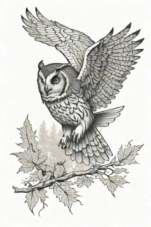 A sketch-style tattoo of an owl flying over a forest of trees with a Canadian 2a4m tank hidden in the background tattoo design idea