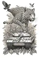 A dynamic and realistic depiction of a Leopard 2a4m Canadian military tank emerging from a dense forest, with owls flying overhead and intricate foliage covering the ground tattoo design idea