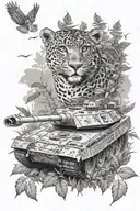 A dynamic and realistic depiction of a Leopard 2a4m Canadian military tank emerging from a dense forest, with owls flying overhead and intricate foliage covering the ground tattoo design idea