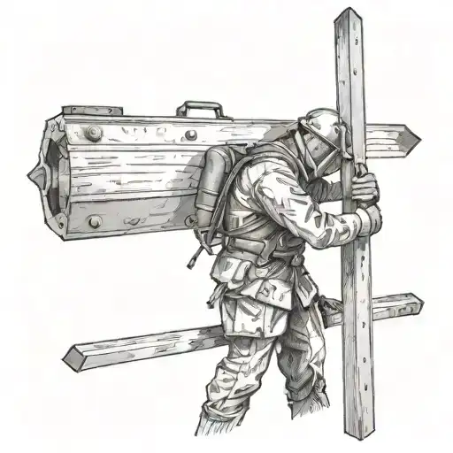A dotwork tattoo of a soldier welding a cross, blending the client's occupation in welding with their faith in Christianity tattoo design idea