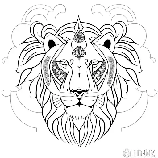 A minimalist tattoo design of a majestic lion with intricate Buddhist symbols incorporated into the mane tattoo design idea
