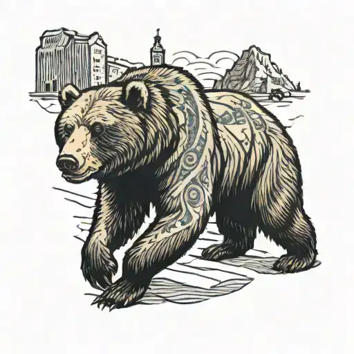 A traditional style tattoo of a bear roaming through the streets of Magadan, with iconic landmarks in the background tattoo design idea