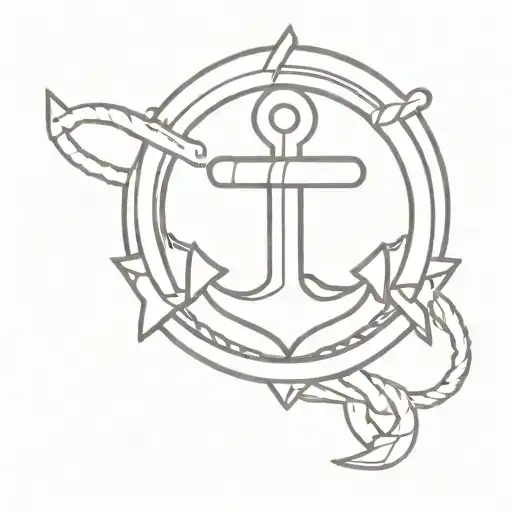 A minimalist tattoo design combining elements of the Coast Guard emblem, an anchor, and the Guam Seal in a cohesive and artistic way tattoo design idea