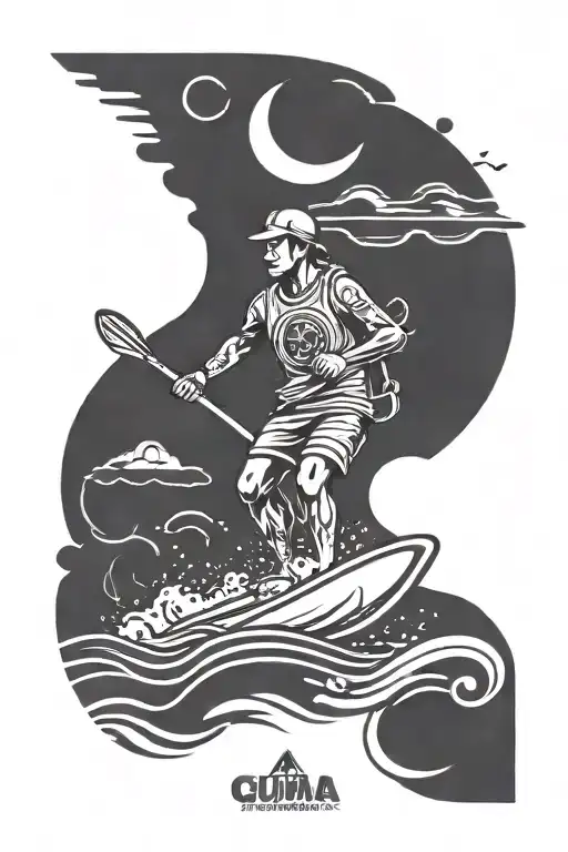 A minimalist tattoo design of a paddle boarder gliding across calm waters, with a hidden Guam Seal emblem in the background tattoo design idea