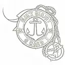 A minimalist tattoo design combining elements of the Coast Guard emblem, an anchor, and the Guam Seal in a cohesive and artistic way tattoo design idea