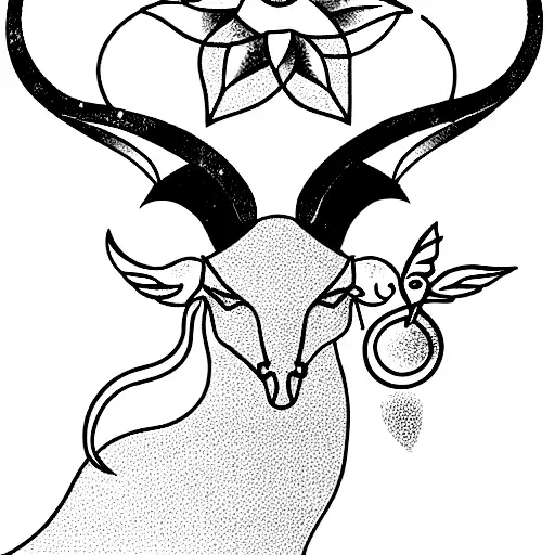 capricorn with little flowers and a bird sitting on their horn tattoo design idea
