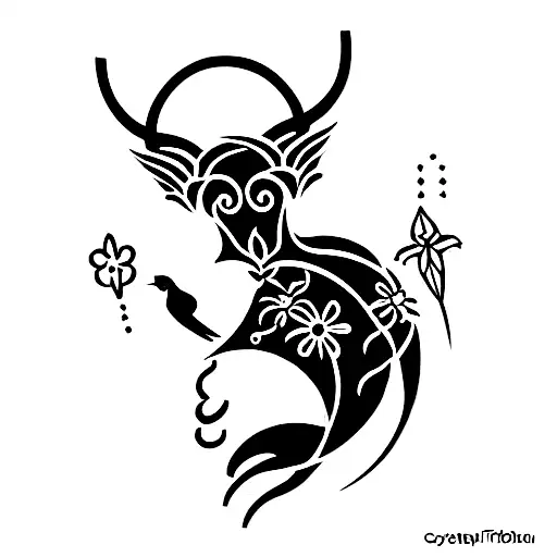 capricorn with little flowers and a bird sitting on their horn tattoo design idea