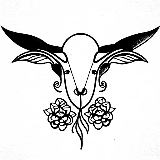 capricorn with little flowers and a bird sitting on their horn tattoo design idea