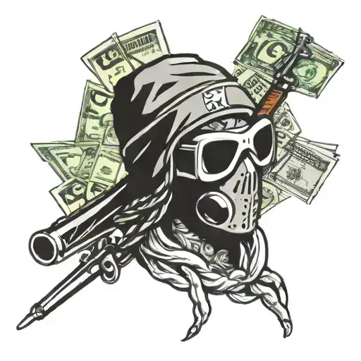 Ski Masked Criminal featuring  money notes gun drugs  tattoo design idea