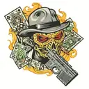 Ski Masked Criminal featuring fire money guns dices 777 tattoo design idea