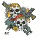 Ski Masked Criminal featuring fire money guns dices 777 tattoo design idea