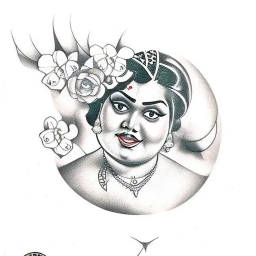 pin up of a chubby Indian woman surrounded by black Dahlia flowers tattoo design idea