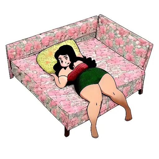 pin up of a chubby Indian woman laying on a bed of black Dahlia flowers tattoo design idea