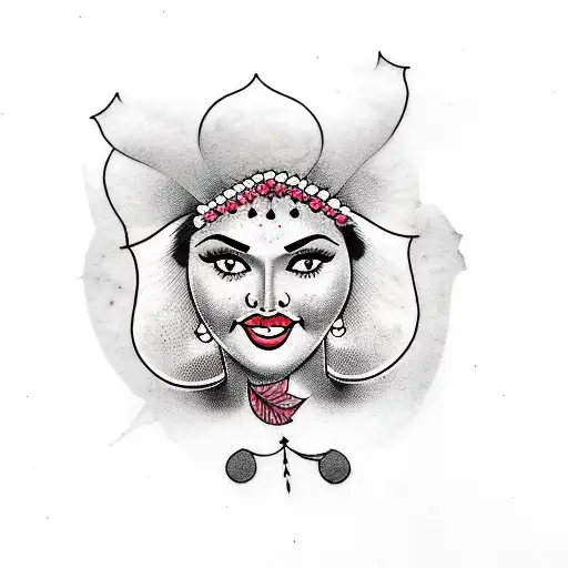 pin up of a chubby Indian woman laying on black Dahlia flowers tattoo design idea