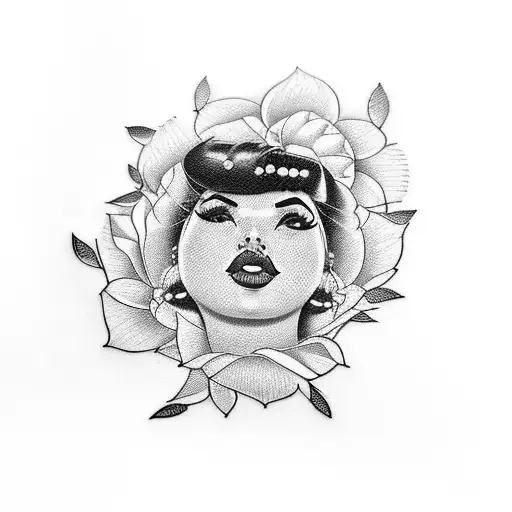 pin up of a chubby Indian woman laying on a bed of black Dahlia flowers tattoo design idea