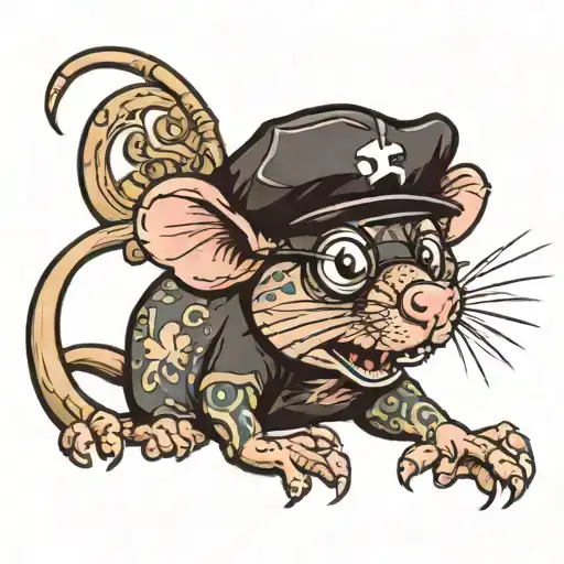 cartoon rat with eye patch work leg tattoo design idea