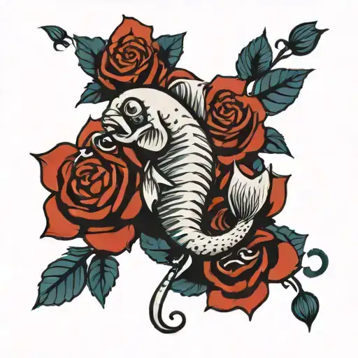 Aquarius zodiac sign, Pisces rising sun, red roses, blue moon tattoo design idea