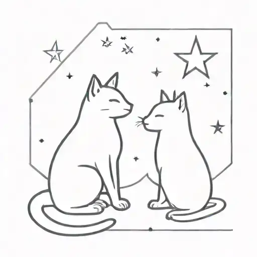 A minimalist tattoo of a cat and a dog gazing at the stars together, symbolizing the client's love for both animals and space tattoo design idea