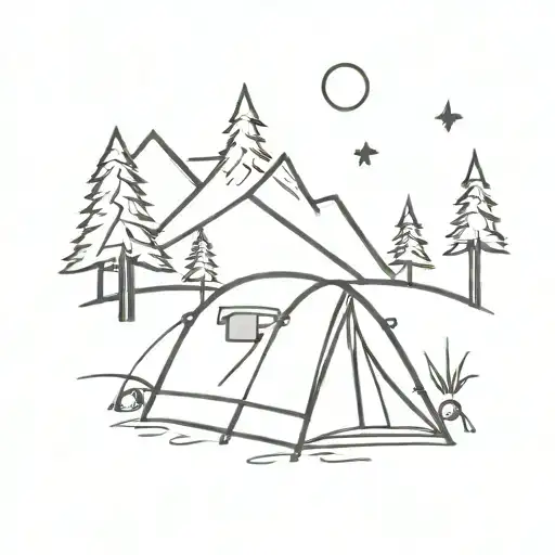 "Design a tattoo of a camping scene at night. Includes a simple camping tent and a bottle of whiskey tattoo design idea