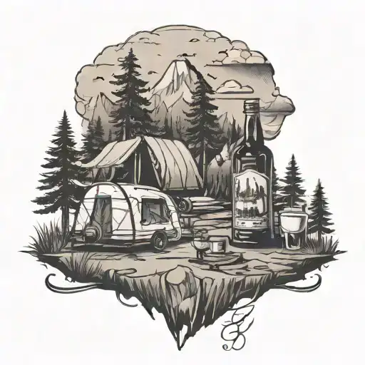 just simple camping lines and a bottle of whiskey tattoo design idea