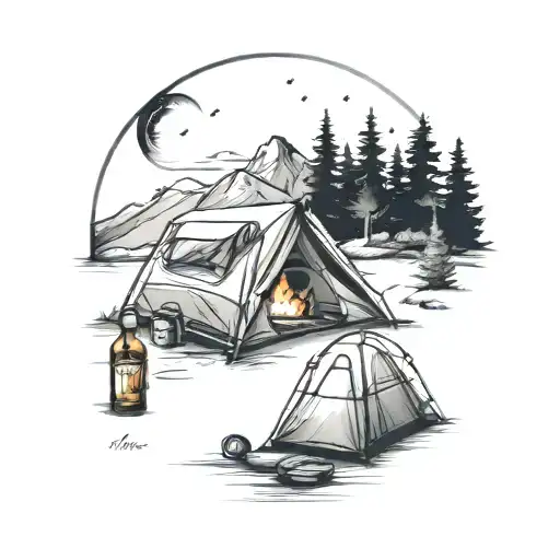 "Design a tattoo of a camping scene at night. Includes a simple camping tent and a bottle of whiskey tattoo design idea