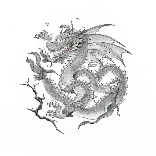a dragon wrapped around  yggdrasil tree tattoo design idea
