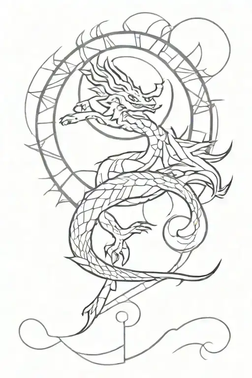 Dragon and Moon and Sun and Geometric  tattoo design idea