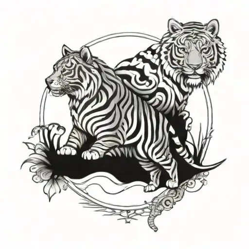 A tattoo design featuring a majestic tiger and a wolf on a beach, surrounded by intricate woodwork carvings inspired by Wales tattoo design idea
