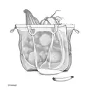 mesh bag with vegetables inside and coming out of the bag tattoo design idea