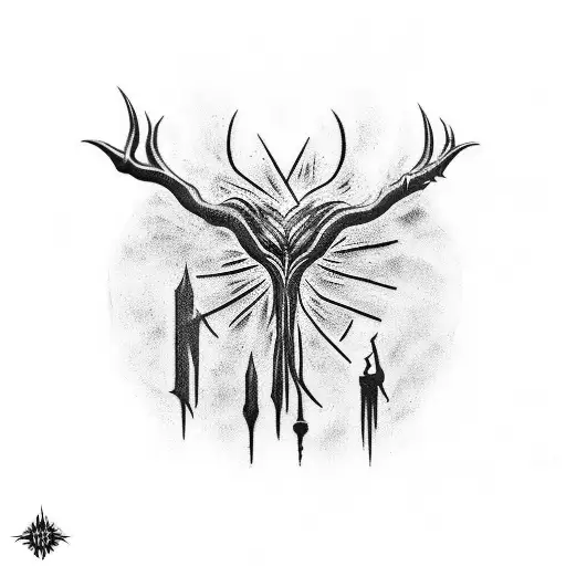 Design a unique tattoo where the iconic Hunter symbol from Bloodborne, the Dark Mark from Dark Souls, and the Elden Ring tattoo design idea