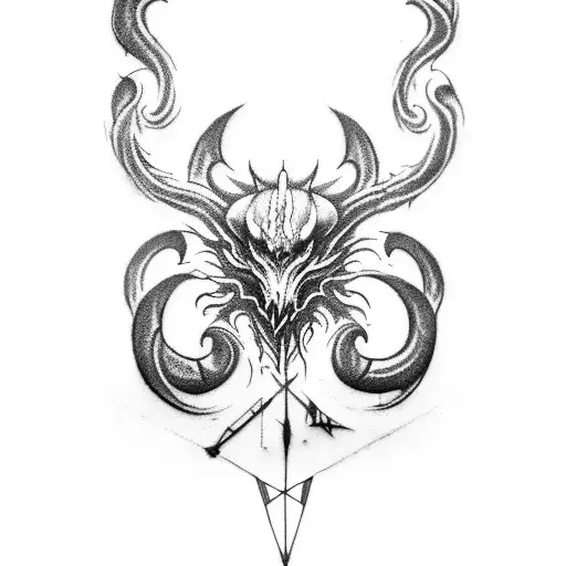 Design a unique tattoo where the iconic Hunter symbol from Bloodborne, the Dark Mark from Dark Souls, and the Elden Ring tattoo design idea