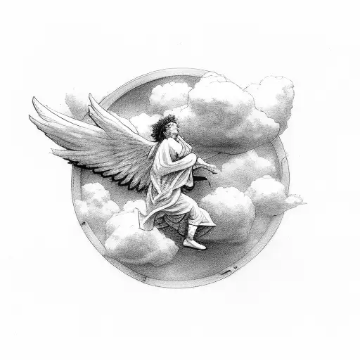 angel fighting himself surrounded by clouds in the sky tattoo design idea