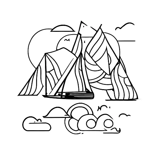 A minimalist tattoo design of a sailing yacht sailing through a mountain range tattoo design idea