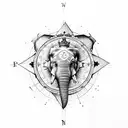 an elephant with a crown on its head and a compass image above it in the form of a symbol tattoo design idea